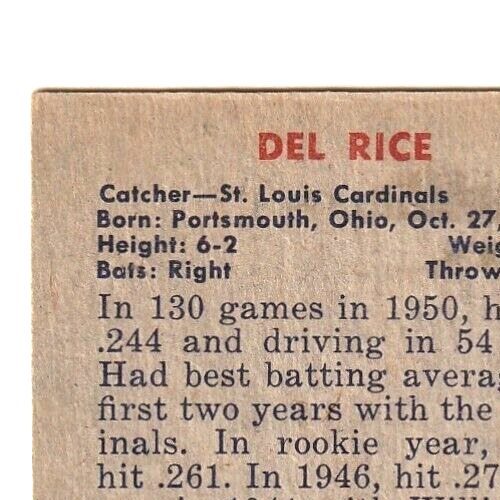 1951 Bowman  -  Del Rice   -  St. Louis Cardinals  #156   VG-EX.