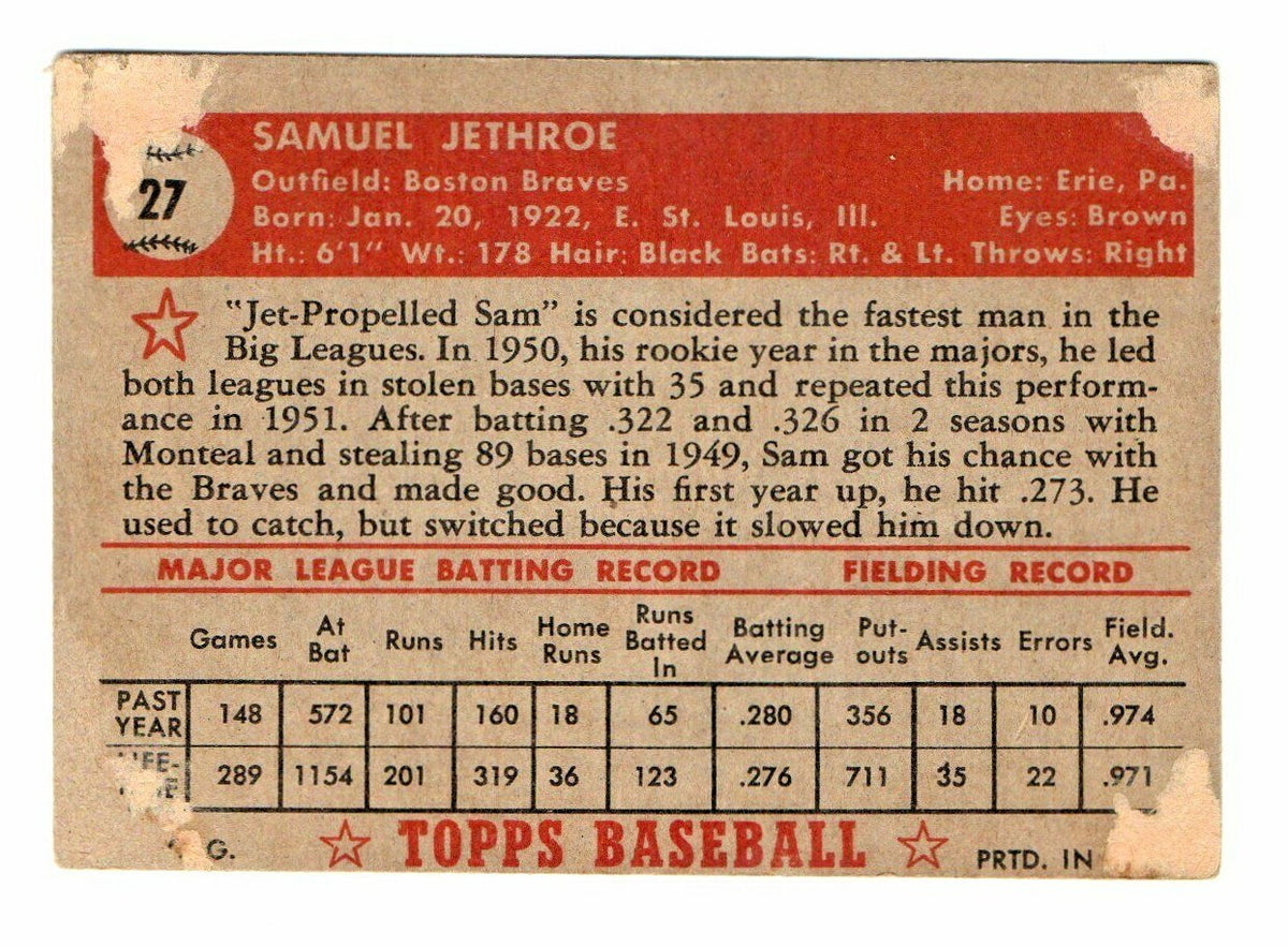 1952 Topps Set Break # 27 Sam Jethroe LOW GRADE (filler)(red back) Boston Braves