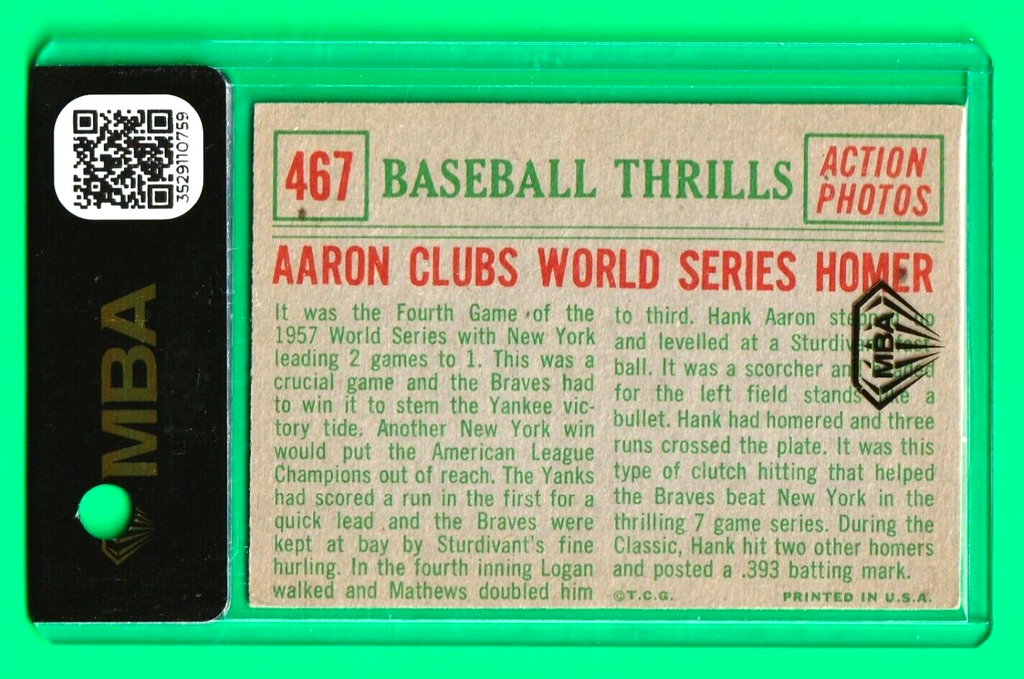 1959 Topps  -  Hank Aaron  -  CLUBS WORLD SERIES HOMER #467  -  MBA AUTHENTIC