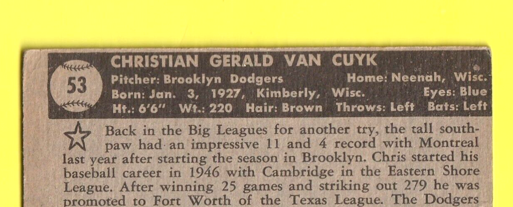 1952 Topps Baseball #53 -  Chris Van Cuyk - Brooklyn Dodgers RC- VG - Black Back