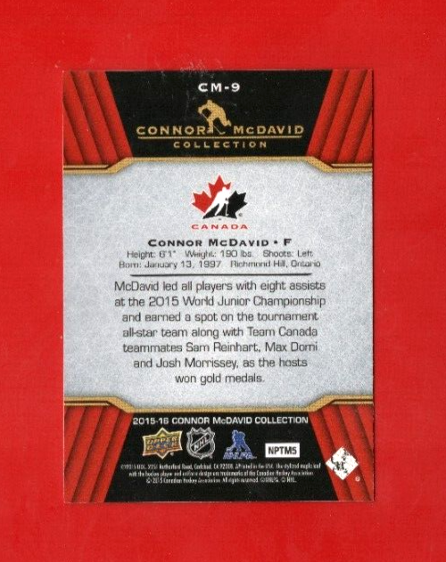2015-16 CONNOR MCDAVID Rc Collection Card# CM-9 Edmonton Oilers Rookie