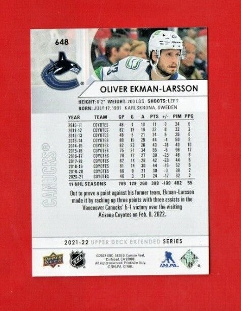 2021-22 Upper Deck Extended Series Suit Variation Oliver Ekman-Larsson   Canucks