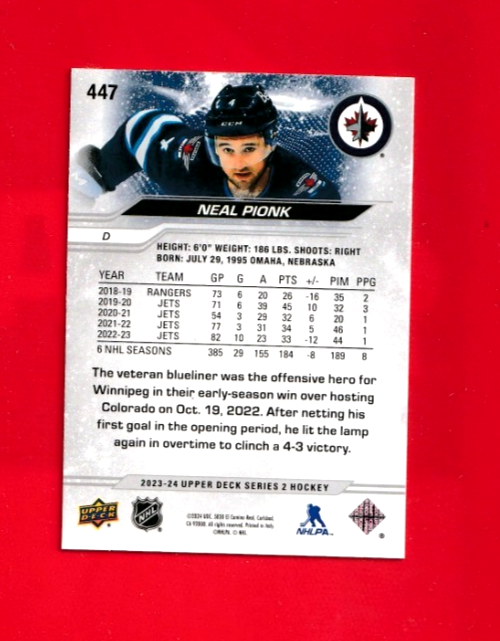 2023-24 Upper Deck Series 2 Silver Outburst Base #447 NEAL PIONK   Winnipeg Jets