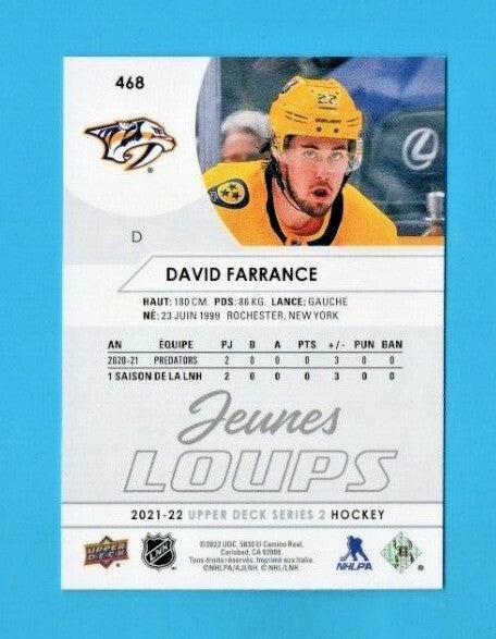  DAVID FARRANCE 2021-22 Upper Deck Series 2  French Young Guns JEUNES LOUPS #468