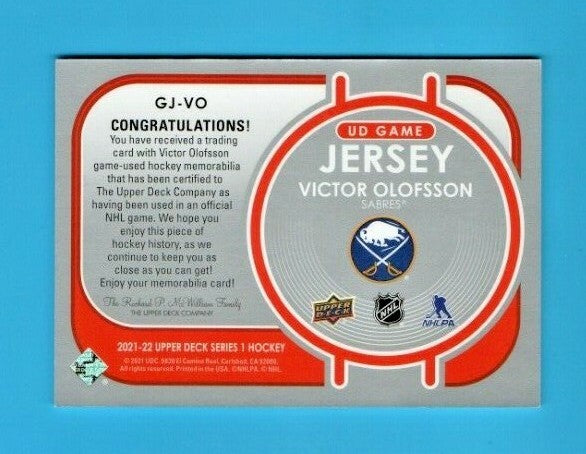 2021-22 Upper Deck Series 1 Victor Olofsson UD Game Jersey  # GJ-VO Sabres  Blue