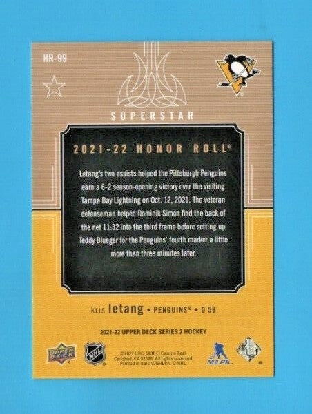 KRIS LETANG 2021-22 Upper Deck Series 2 Honor Roll  RAINBOW  #HR-99  --  176/250