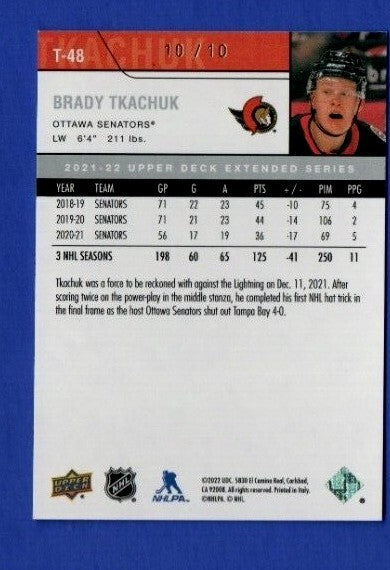 BRADY TKACHUK 2021-22 Upper Deck Extended Serie Ud Exclusives  (10/10 ERROR)