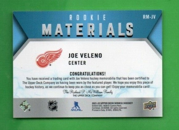 Joe Veleno 2021-22 UD Series 2 Rookie Materials  RED  Jersey  - RM-JV  Red Wings