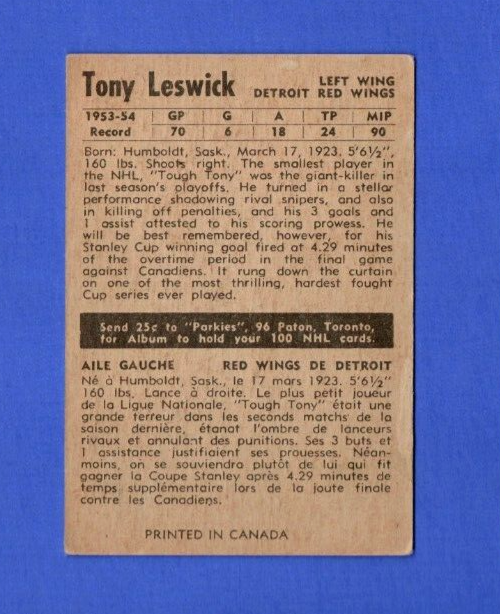 1954-55 Parkhurst  - Tony Leswick   -  #45 - Detroit Red Wings - Vintage EX-EX+