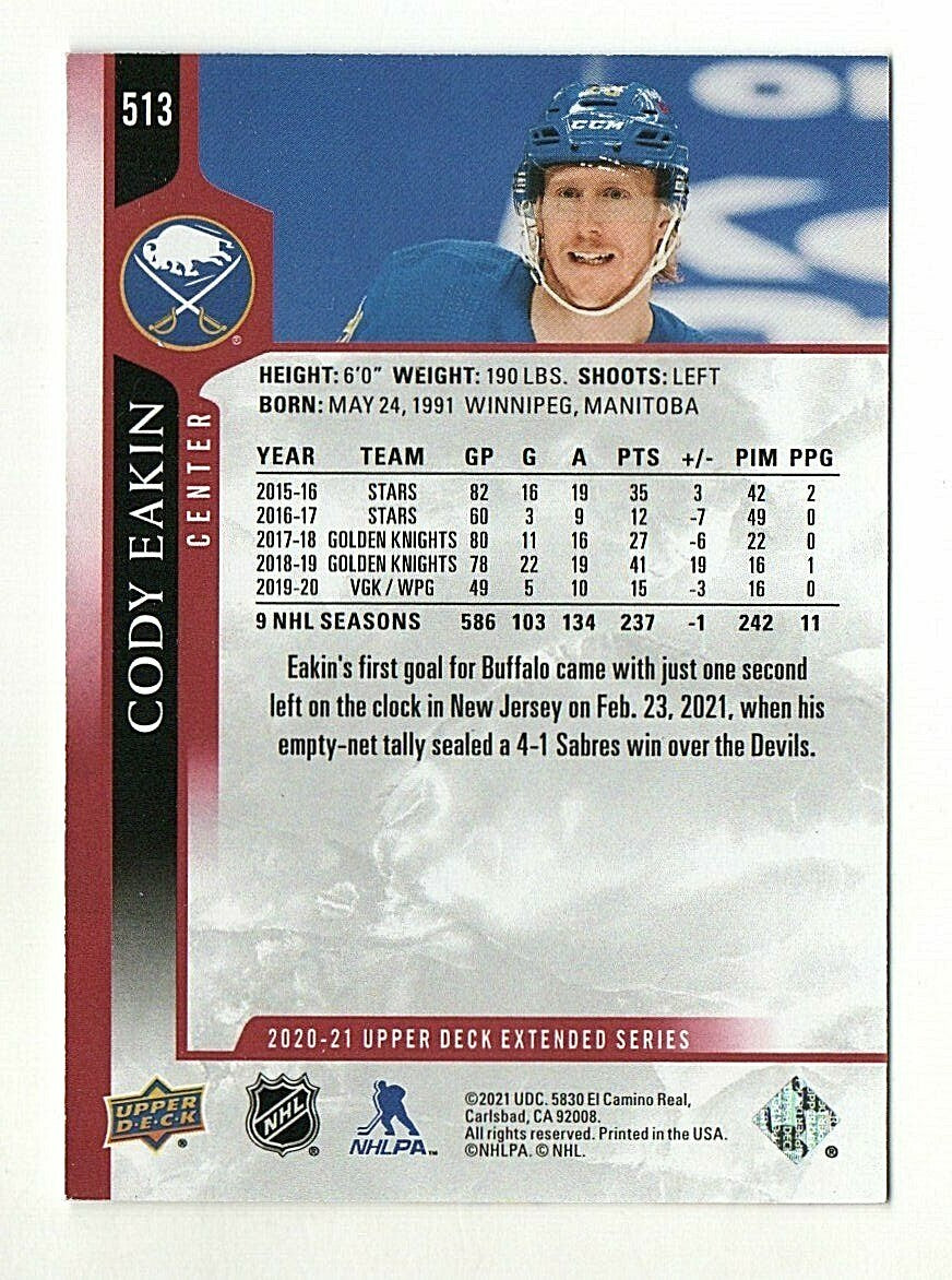 2020-21 Upper Deck Exclusives - Cody Eakin - #513 Buffalo Sabres  059/100