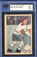 53-54 Parkhurst # 28 DICKIE MOORE Montreal Canadiens Error card Beliveau Picture