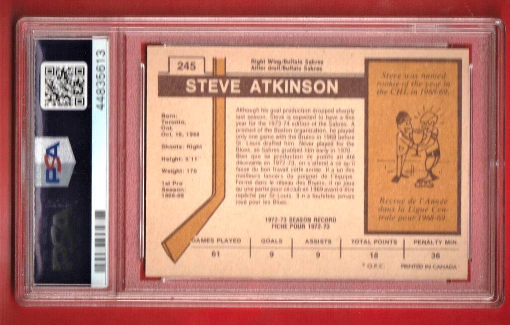 1973 O-Pee-Chee    -    Steve Atkinson  #245  -  PSA 7 NRMT   -   Buffalo Sabres