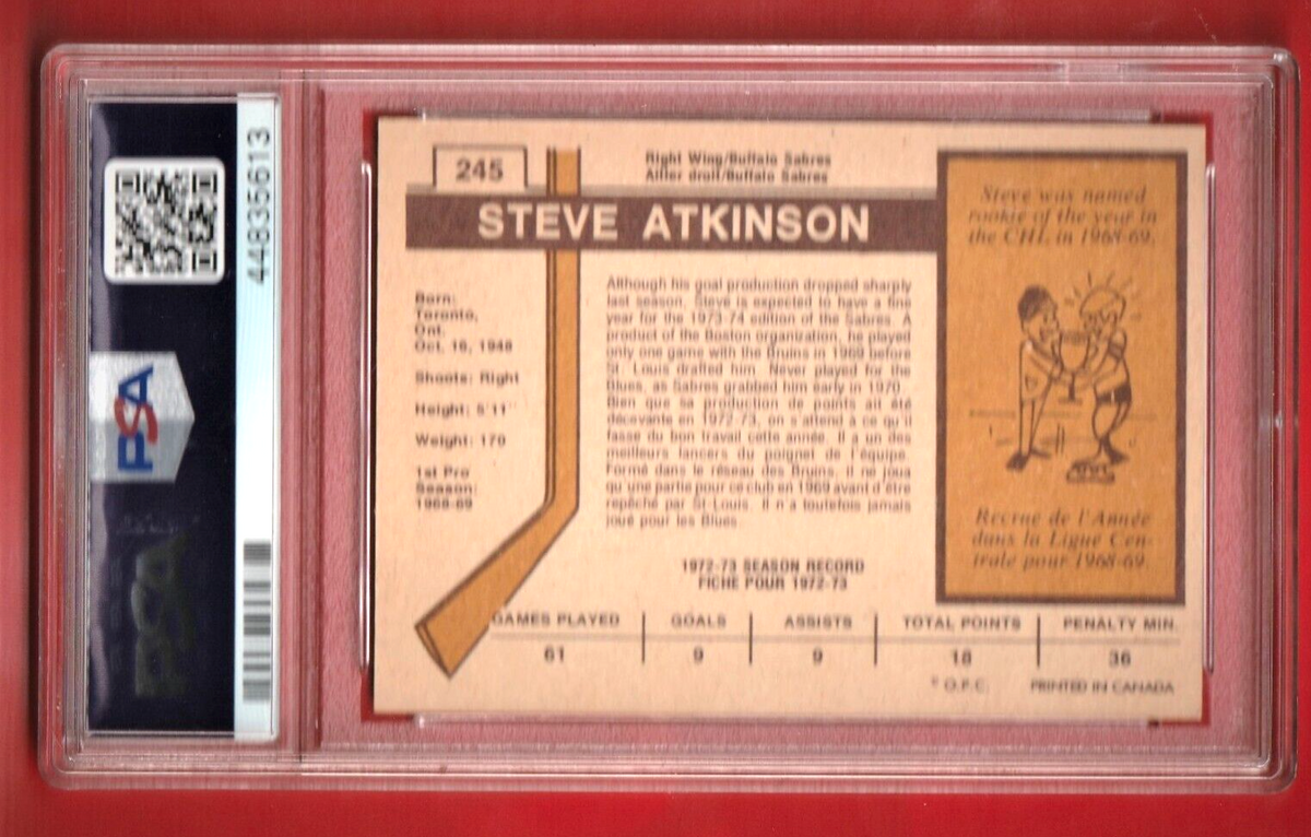 1973 O-Pee-Chee    -    Steve Atkinson  #245  -  PSA 7 NRMT   -   Buffalo Sabres