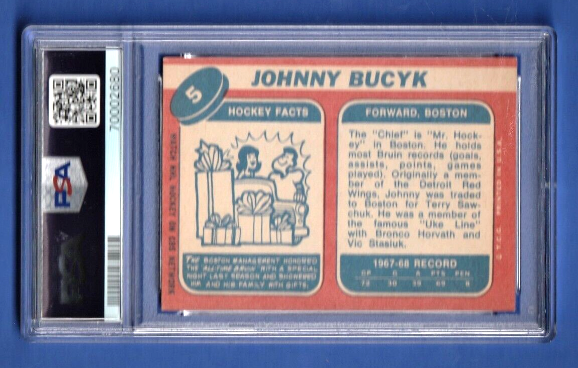 1968 Topps Hockey   -   Johnny Bucyk   #5    -   PSA 4 VGEX    -   Boston Bruins
