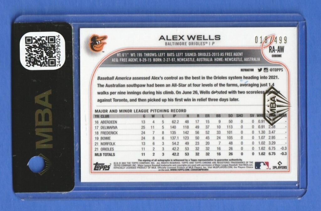 2022 Topps Chrome Refractor    Alex Wells ROOKIE AUTO /499 #RA-AW  MBA AUTHENTIC