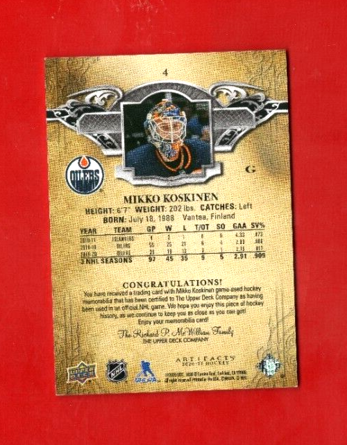 Mikko Koskinen 2020/21 Artifacts Dual Game Jersey 139/175 Edmonton Oilers  #4