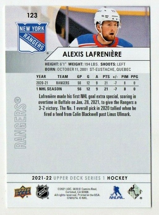 2021-22 UD Series 1 Base Street Clothes Variation #123 Alexis Lafreniere Rangers
