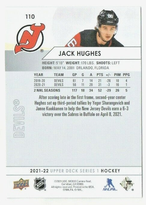 2021-22 Upper Deck Jack Hughes Street Clothes Variation Base #110 Devils - SSP
