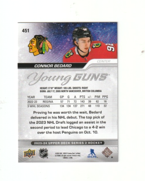 2023-24 Upper Deck Series 2 Connor Bedard #451 Young Guns RC  Chicago Blackhawks