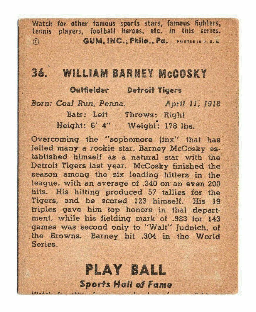 1941 Play Ball #37 Bruce "Soupy" Campbell   "WRONG BACK" EX-EX+   Detroit ROOKIE