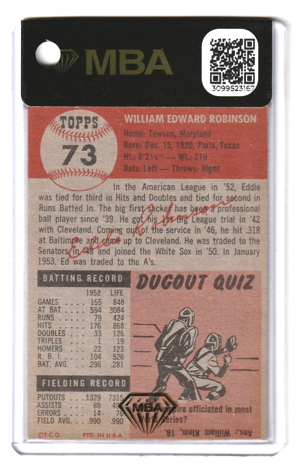 1953 Topps    Eddie Robinson SHORT PRINT #73 MBA AUTHENTIC  -  Chicago White Sox