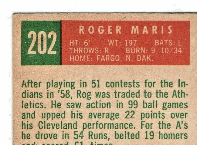 1959 Topps Roger Maris VG-EX (HOF) Kansas City Athletics #202 Baseball Card 