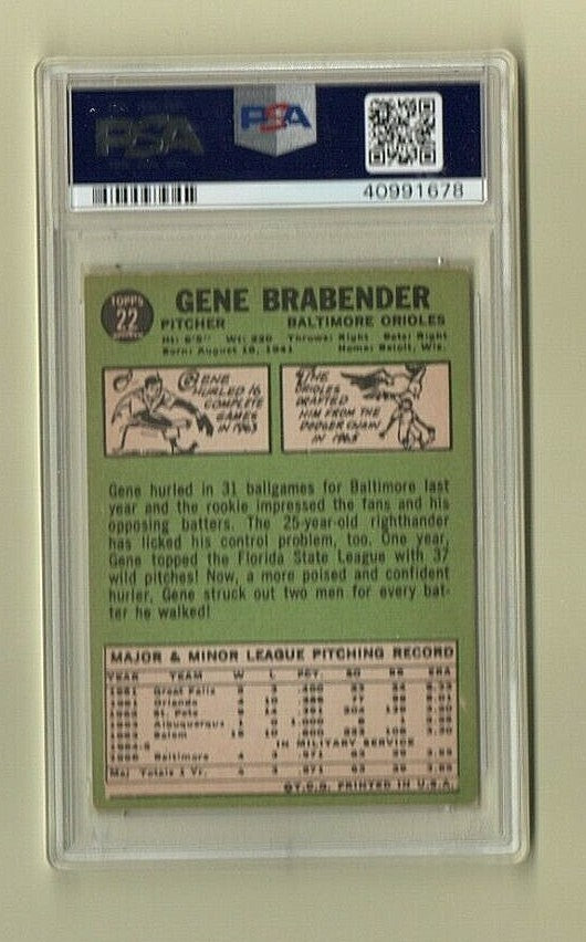 1967 Topps #22 --  Gene Brabender  Pitcher  --  Baltimore Orioles  PSA 8 - NM/MT