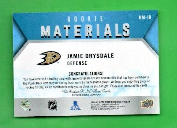 2021-22 Upper Deck Series 2 Jamie Drysdale Rookie Materials  BLACK Jersey #RM-JD