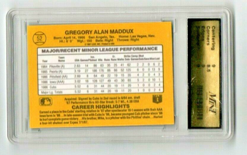 1987 Donruss Rookie #52 Greg Maddux Chicago Cubs RC Grade by MinT - 9 MINT HOF