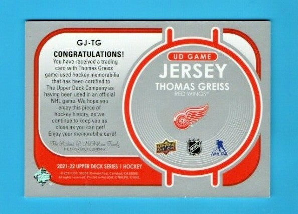 2021-22 Upper Deck Series 1 UD Game Jersey GJ-TG Thomas Greiss -Red Wings - Red