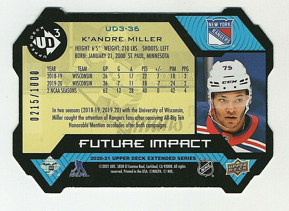  2020-21 upper deck extended series UD3 K'andre Miller Future impact - 0215/1000