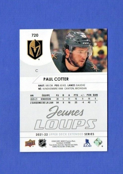 Paul Cotter 2021/22 Upper Deck Young Guns Jeunes Loups Rookie  #476 Vegas 