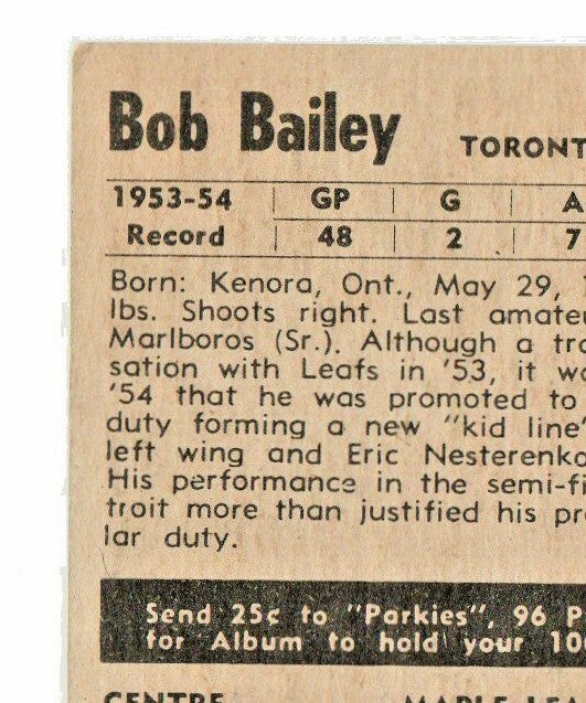  BOB BAILEY 1954-55 PARKHURST  #28 EX-EX+ Toronto Maple Leafs