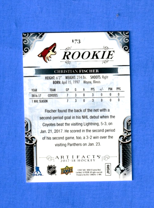 2017-18 Artifacts Orange ROOKIE #173 - Christian Fischer RC 15/55 Arizona Coyote