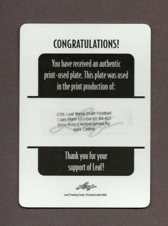2016 Leaf Metal Draft Cyan Plate Alex Collins ROOKIE RC AUTO 1/1 #BA-AC1