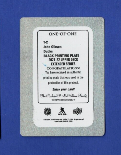 2021-22 Upper Deck Extended  One Of One  BLACK  Printing Plate   John Gibson 1/1