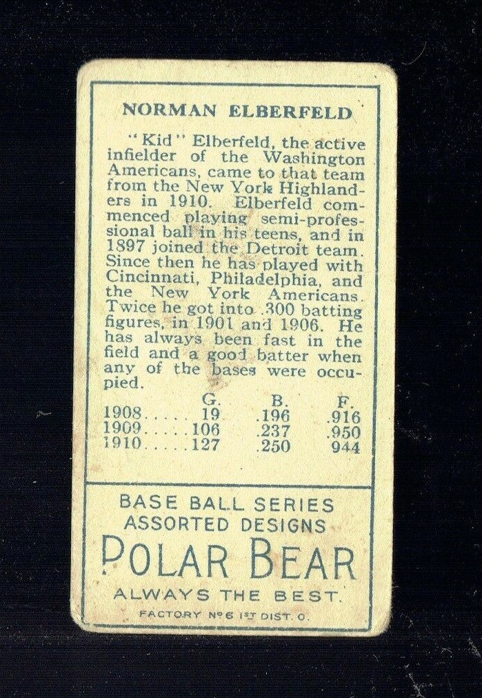 1911 T205 NORMAN "KID" ELBERFELD SENATORS--- "Nice 100 Year old card"