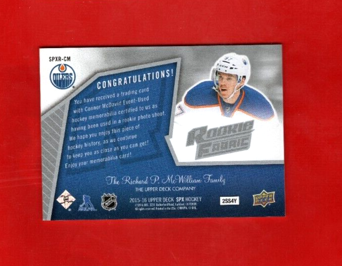 2015/16 UD SpX Rookie fabric  Connor Mcdavid Jersey Materials  - Edmonton Oilers