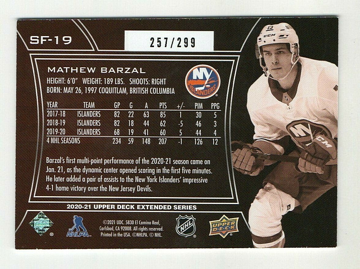 2020-21 Upper Deck Extended SPx Finite SF-19 Mathew Barzal - Gold Radiance  /299