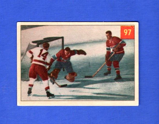 Jacques Plante 1954-55 Parkhurst #97 Butch Bouchard Earl Reibel  - Excellent-Ex+