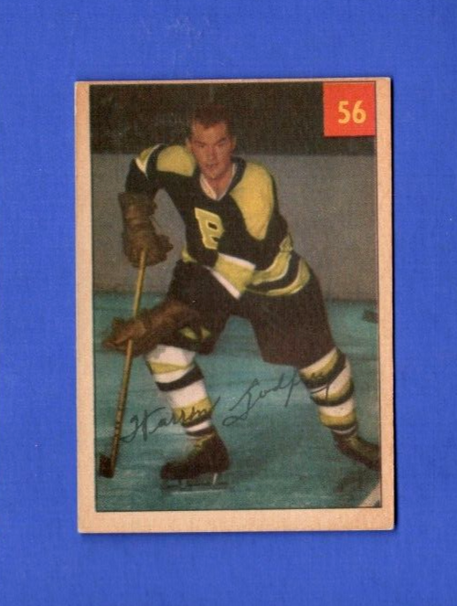 1954-55 Parkhurst  -  Warren Godfrey  -  #56  -  Boston Bruins   -  Stats Back