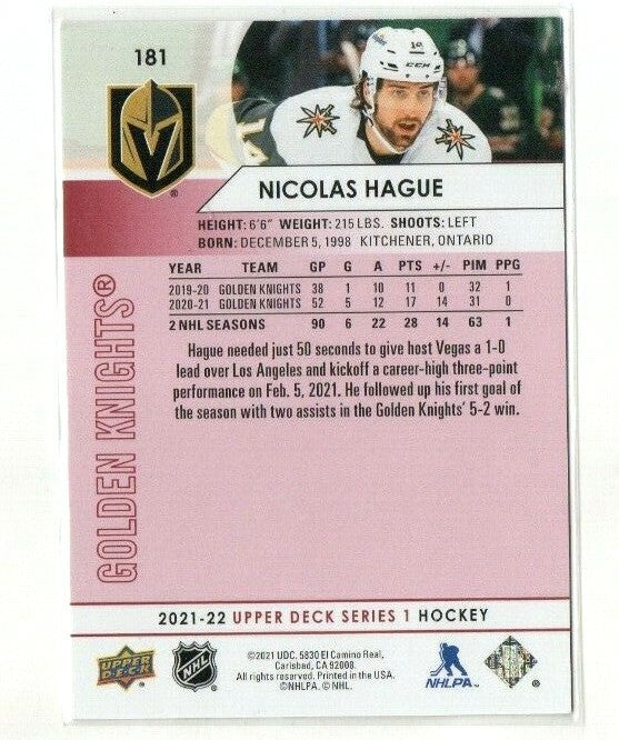 2021-22 Upper Deck Series 1 084/100 UD Exclusives  Nicolas Hague  - Vegas 