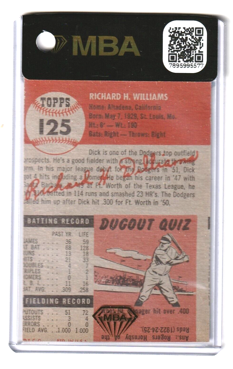 1953 Topps  -   Dick Williams  #125   -  MBA AUTHENTIC     -    Brooklyn Dodgers