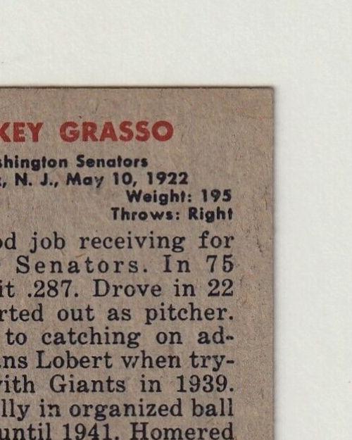 1951 Bowman #205:  -  MICKEY GRASSO   -   "Washington Senators"  NRMT-MT
