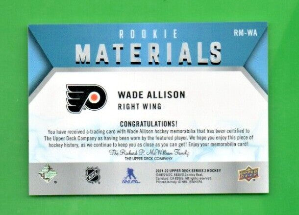 2021-22 Upper Deck WADE ALLISON Rookie Materials White Jersey Card #RM-WA 