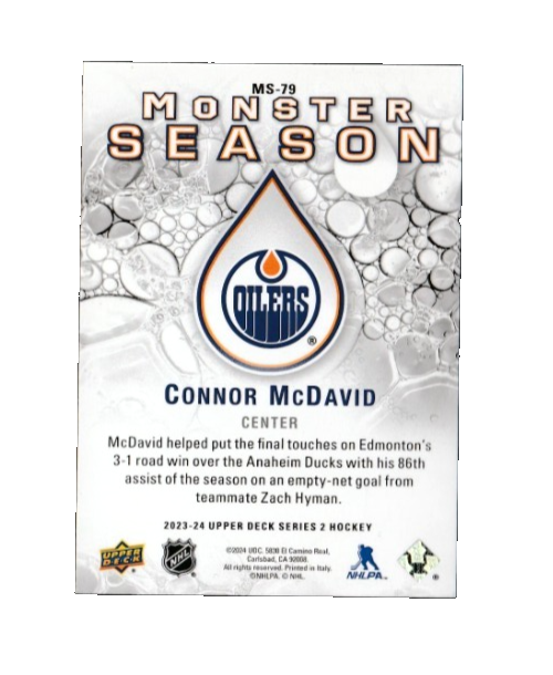 2023-24 UD Monster Season - CONNOR McDAVID - Edmonton Oilers - Card# MS-79