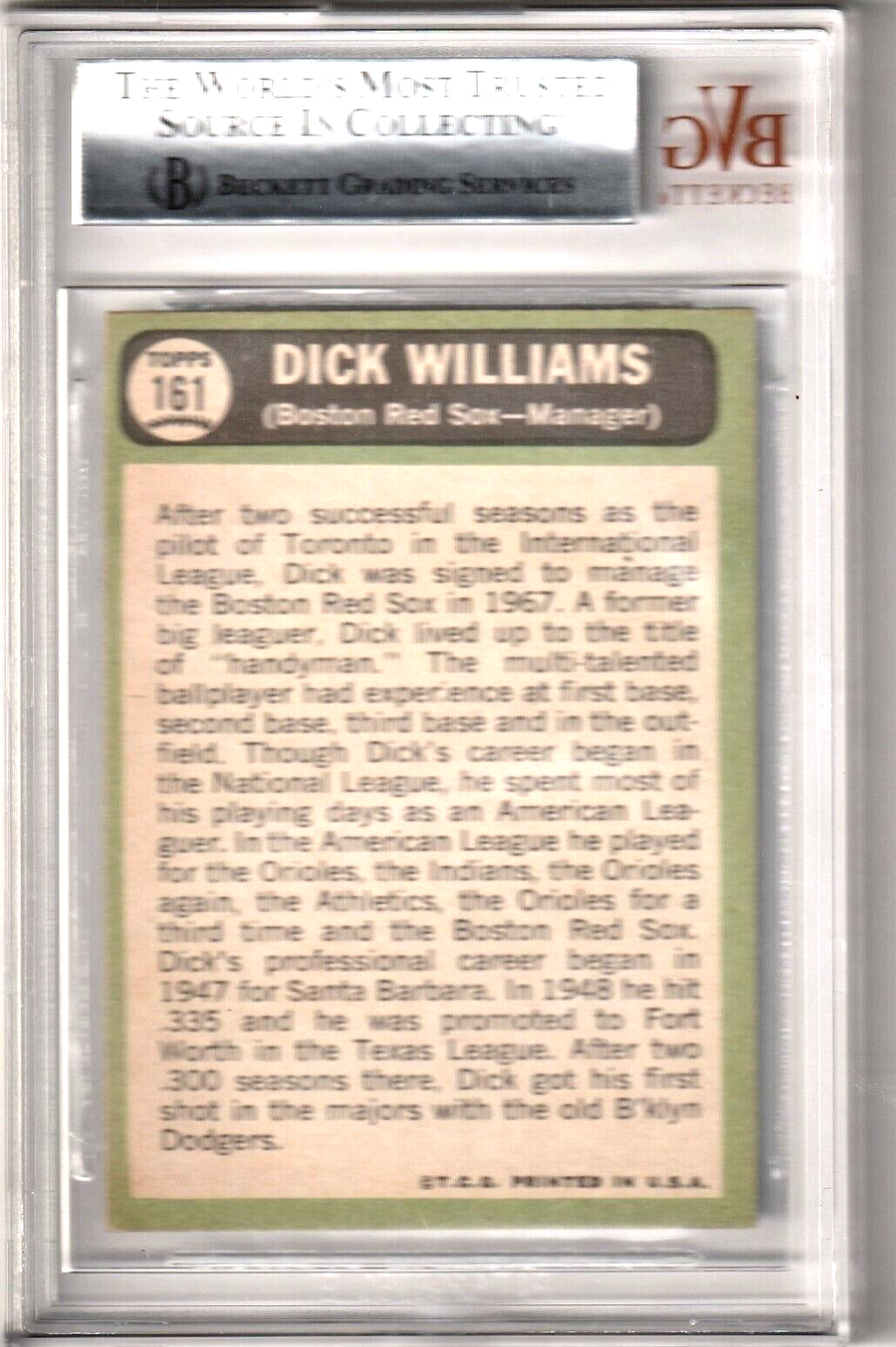 1967 Topps #161  -   Dick Williams   -   Boston Red Sox   -   BVG 6 EX-MT