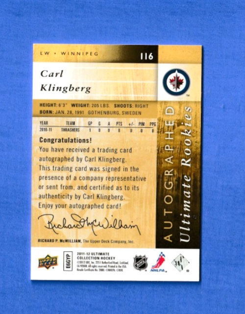2011-12 Upper Deck Ultimate Collection  Carl Klingberg - Auto #116 Card #264/299