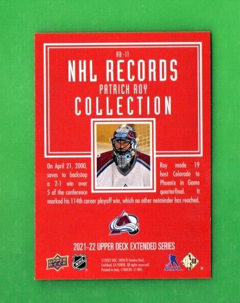 2021-22 UPPER DECK EXTENDED NHL RECORDS COLLECTION PATRICK ROY #RB-11 SP!