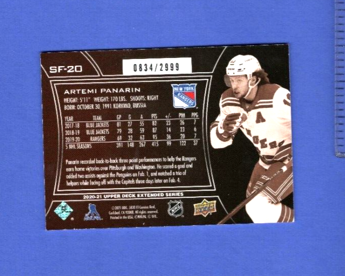2020-21,UD, Extended Series SPx Finite,#SF-20 Artemi Panarin - Rangers 0834/2999